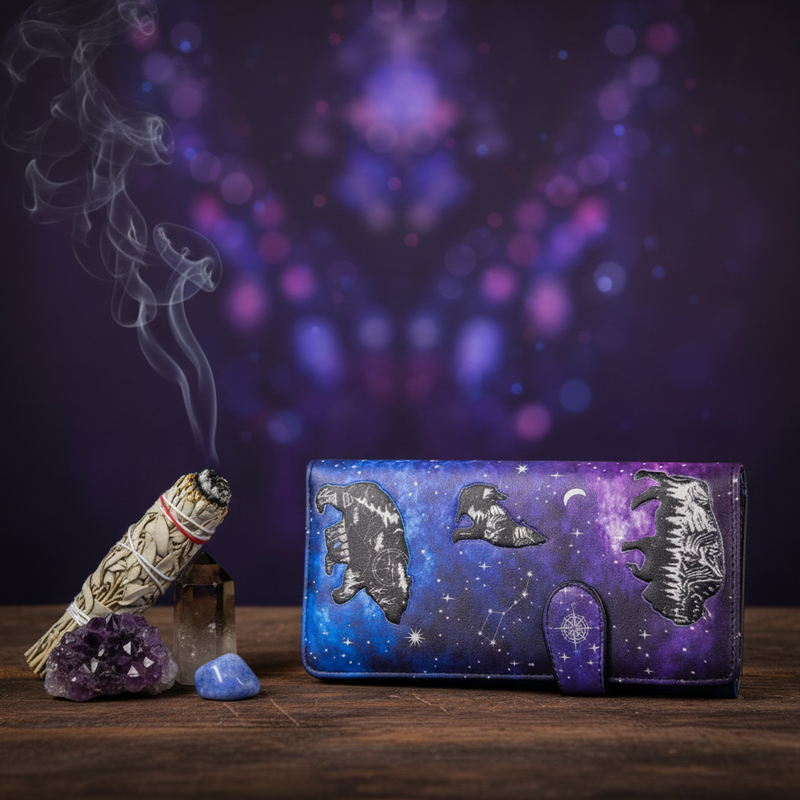 Cosmic-themed wallet with zodiac designs on a mystical background with incense and crystals.