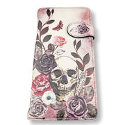 Large zipper wallet with skull and floral design on a white background