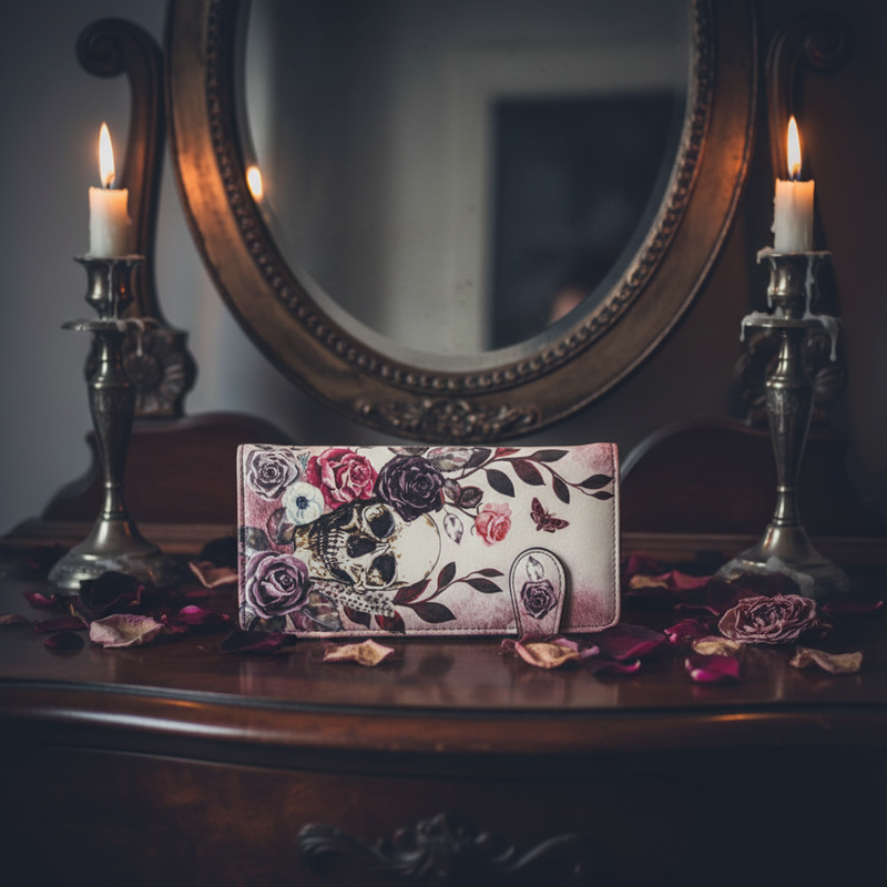 Floral and skull design wallet on a wooden surface with candles and a mirror in the background