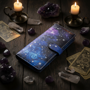 Large zipper wallet with starry design on a mystical table setting with candles and crystals.
