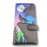 Large zipper wallet  with wolf and forest design on a pastel gradient background