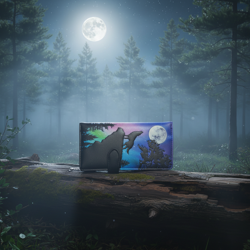 Large zipper wallet on a log in a forest with a moonlit sky