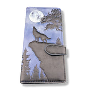 Large zipper wallet with wolf and moon design on a white background