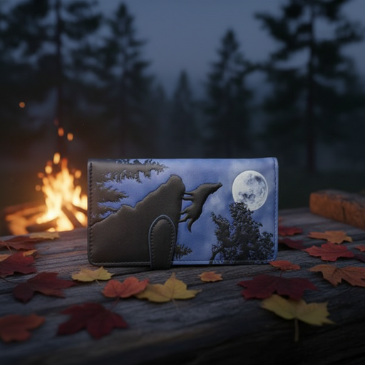 Wallet with wolf design by a campfire at night