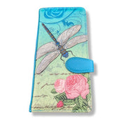 Floral and dragonfly design large zipper wallet with blue accents on a white background