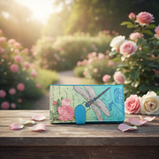 Colorful wallet with floral and dragonfly design on a wooden surface with flowers in the background