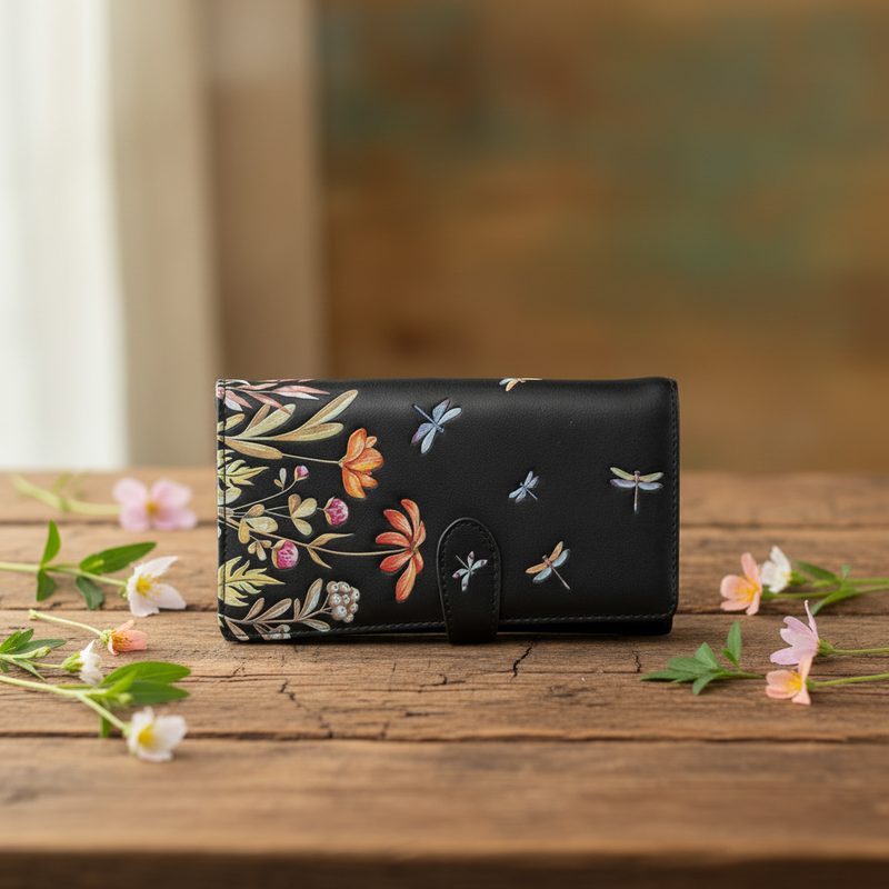 Black wallet with floral and dragonfly design on a wooden surface with flowers.