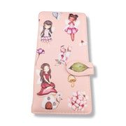 Pink  large zipper wallet with fairy and flower designs on a white background