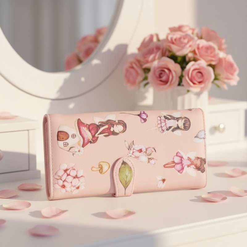 Pink wallet with fairy design on a vanity table with flowers and mirror