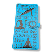 Blue wallet with yoga poses and terminology on a white background