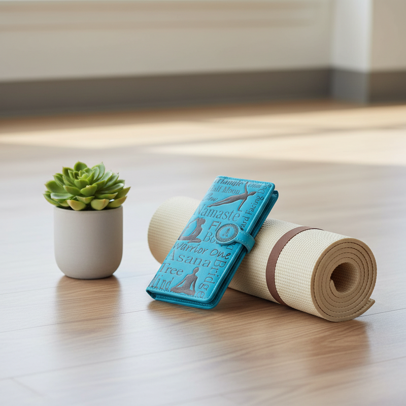 Yoga mat with a blue wallet  and a potted plant on a wooden floor.