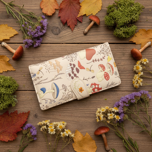 Floral and mushroom patterned clutch bag on a wooden surface with autumn leaves and flowers.