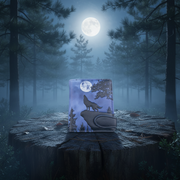 Zipper wallet with wolf design on a stump in a forest at night under a full moon