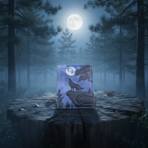 Zipper wallet with wolf design on a stump in a forest at night under a full moon