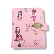 Pink wallet with fairy designs on a white background