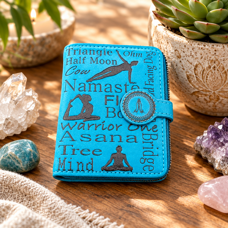 A blue yoga themed wallet on a wooden table surrounded by crystals and plants.