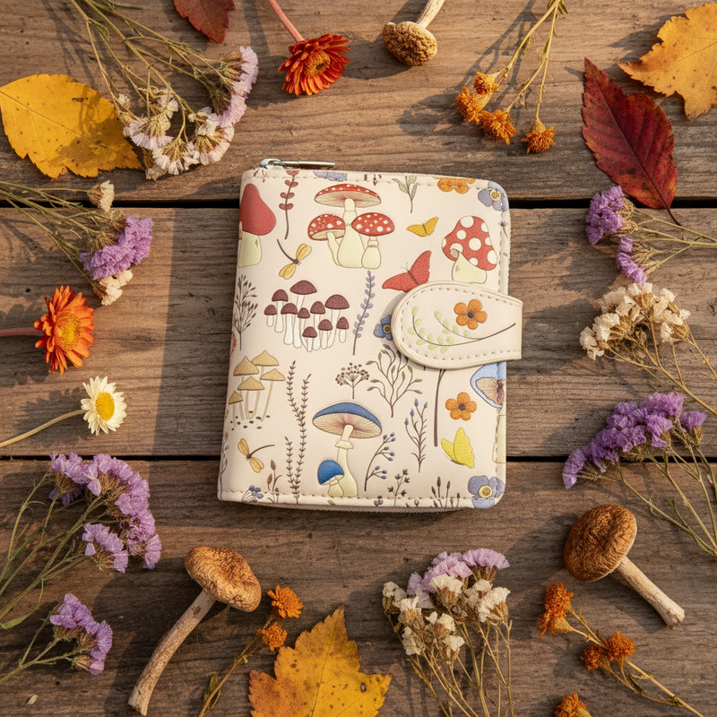 Floral and mushroom patterned zipper wallet on a wooden surface with dried flowers and leaves.