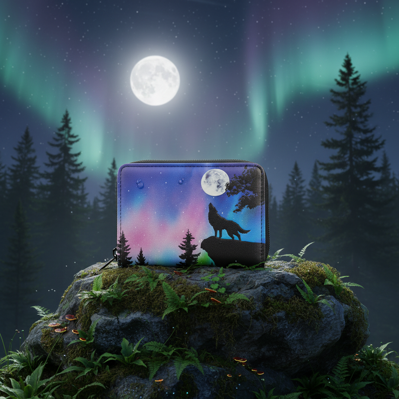 Wallet with wolf design under a night sky with moon and aurora borealis