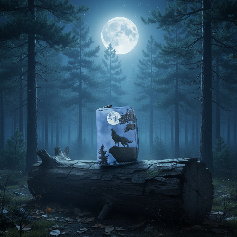 Wallet  with wolf design in a forest at night