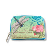 Floral and dragonfly patterned wallet on a white background