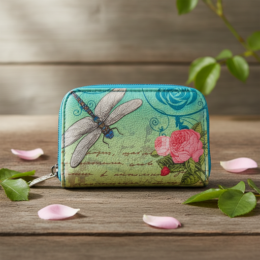 Floral and dragonfly patterned wallet on a wooden surface with leaves and petals.