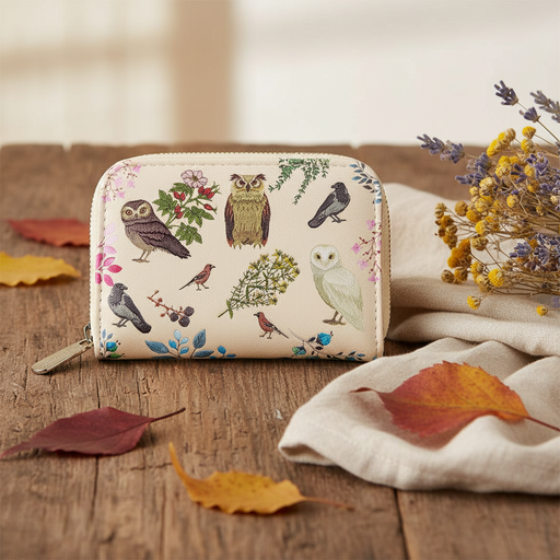 Small pouch with owl and bird design on a wooden surface with leaves and fabric.