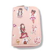 Pink wallet with fairy and mushroom design on a white background