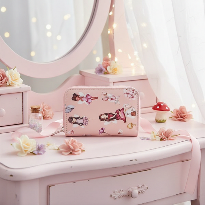Pink bag with fairy design on a pink vanity table with flowers and lights.