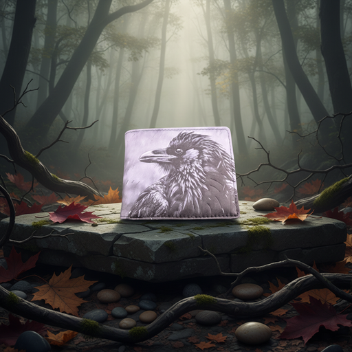 Wallet with a raven design in a forest setting