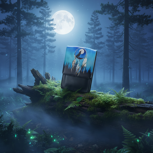 Black leather wallet with a wolf design in a mystical forest under a full moon