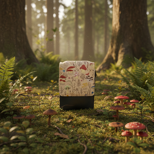 Bag with mushroom design in a forest setting