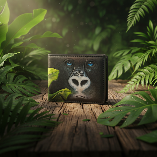 Wallet with zebra design on a wooden surface surrounded by green leaves