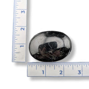 Black oval stone with a ruler on a white background