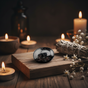 Decorative setting with a black and white stone, candles, and flowers on a wooden surface.