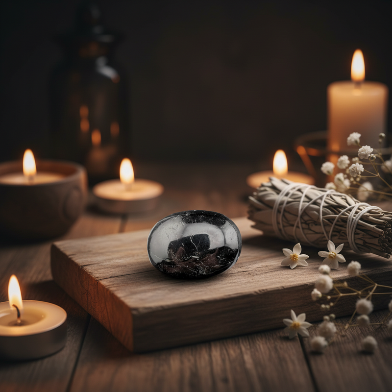 Decorative setting with a black and white stone, candles, and flowers on a wooden surface.