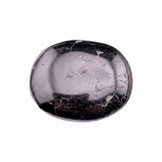 Polished crystal stone with black and gray patterns on a white background