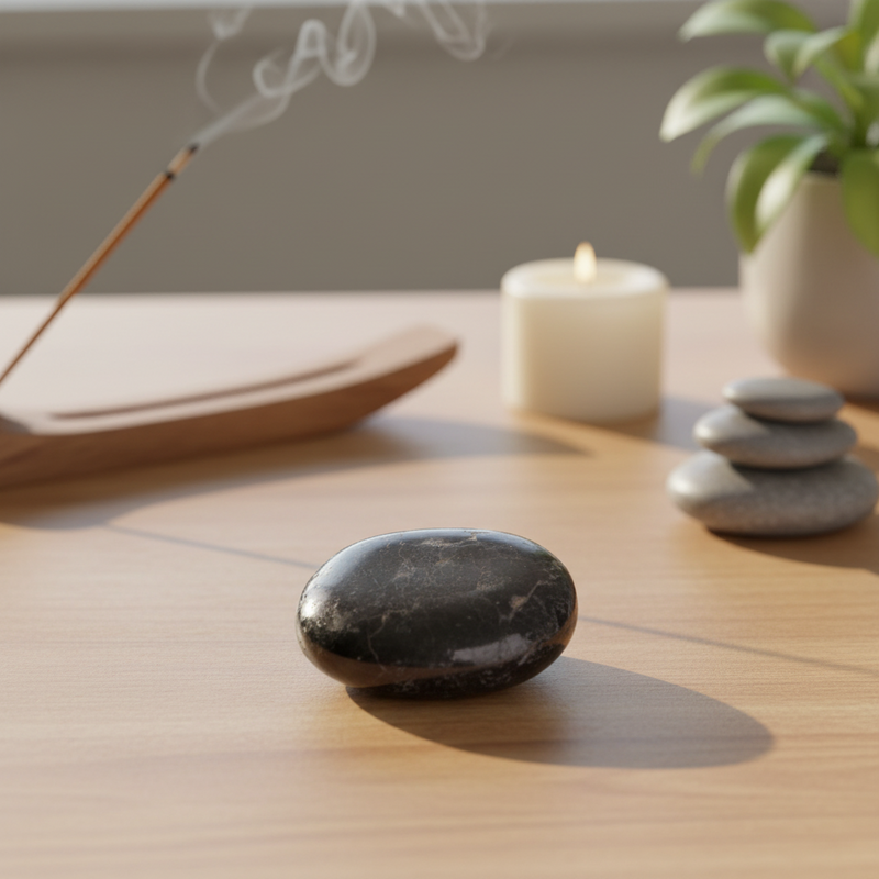 Black stone on a wooden surface with incense, candle, and plant in the background