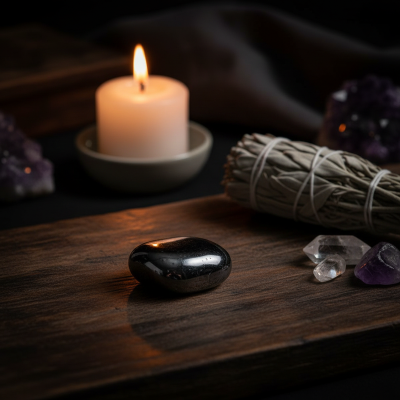 Candle, crystals, and smudge stick on a wooden surface with a dark background