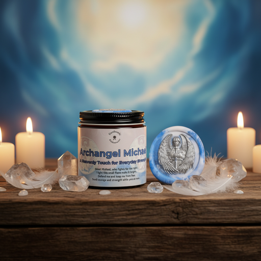 Jar labeled 'Archangel Michael' with candles and crystals on a wooden surface