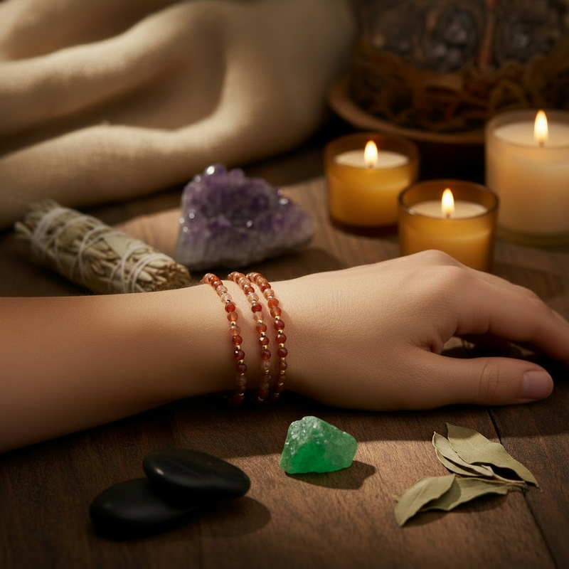 A close-up of a person's hand resting on a wooden surface, wearing three beaded orange-red bracelets. The scene is styled with candles, a smudge bundle, crystals, and black stones in a warm, atmospheric setting.