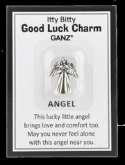 Silver angel charm on a GANZ branded card with text.