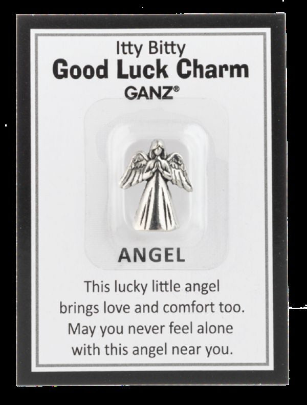 Silver angel charm on a GANZ branded card with text.