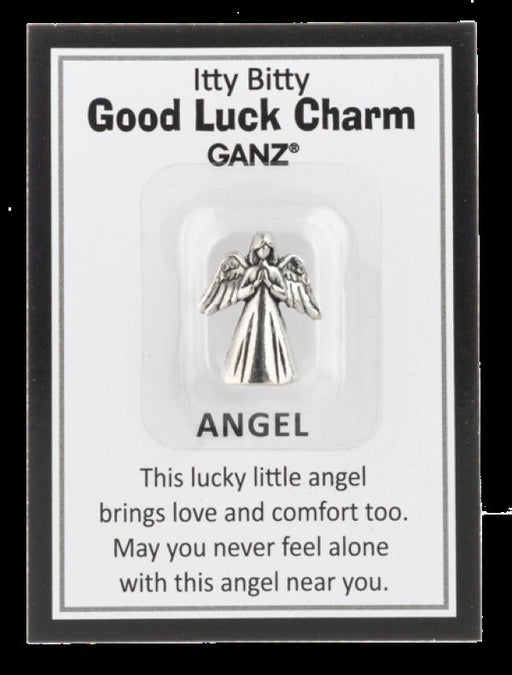 Silver angel charm on a GANZ branded card with text.