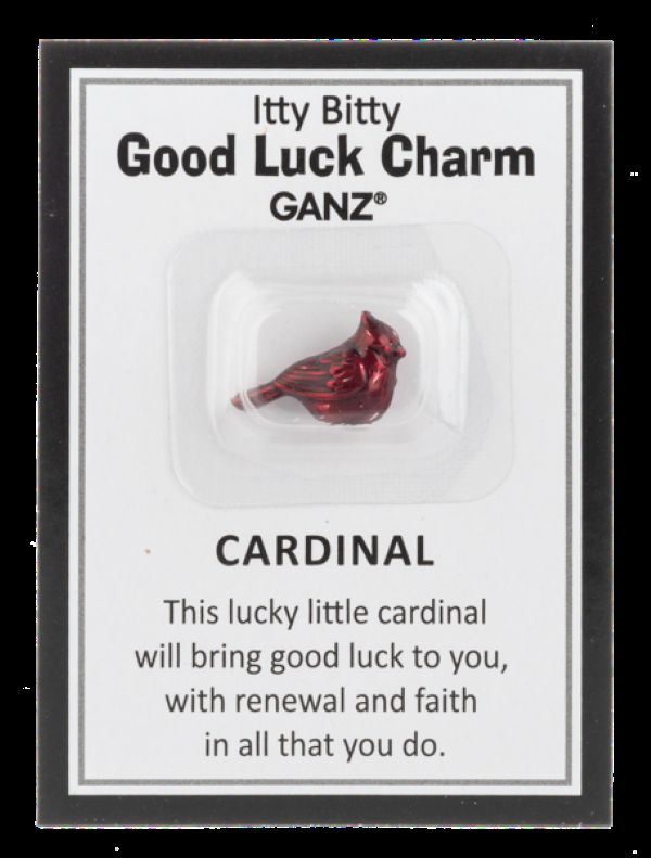 Red cardinal good luck charm on a GANZ branded card with text.