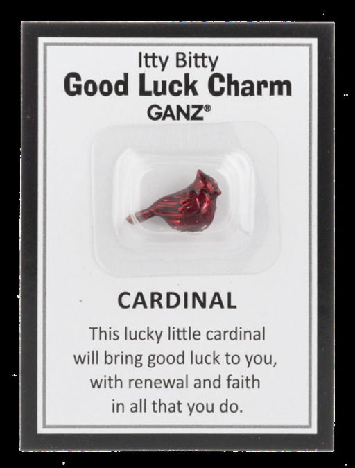 Red cardinal good luck charm on a GANZ branded card with text.