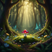 A glowing red mushroom with a silver stem stands on a mossy hill in a enchanted forest, framed by large tree trunks and soft golden light filtering through the woods.