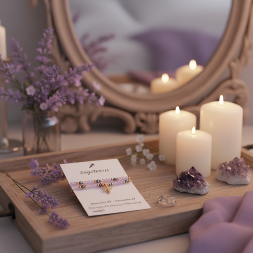 A beaded bracelet with a lavender and pink pattern is displayed on a wooden tray next to a card labeled 'Sagittarius', with white candles, purple crystals, and a mirror in the background.