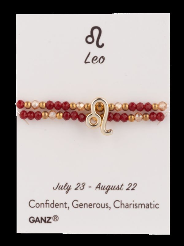 Leo bracelet with red and gold beads on a card, featuring the GANZ brand.