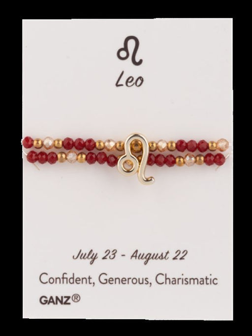 Leo bracelet with red and gold beads on a card, featuring the GANZ brand.