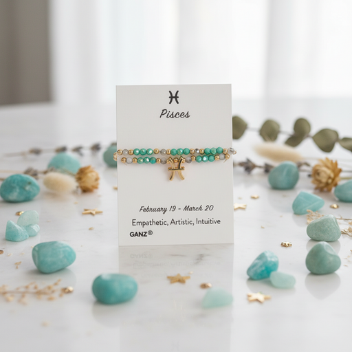 A Pisces zodiac-themed bracelet display card on a white marble surface, surrounded by light blue stones and gold accents. The bracelet features a gold triple-C chain, turquoise beads, and a small gold cross charm.